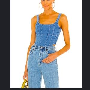 vintage REVOLVE DEMI TOP IN LIGHT BLUE DENIM. OW COLLECTION. CORSET. DENIM TOP